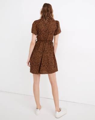 Flutter-Sleeve Wrap Mini Dress in Painted Leopard